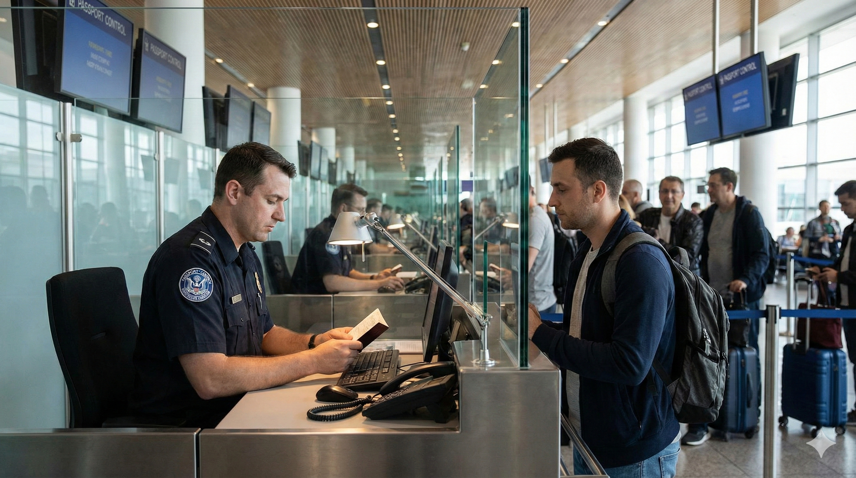 공항 입국 심사대에서 여권을 확인하는 심사관