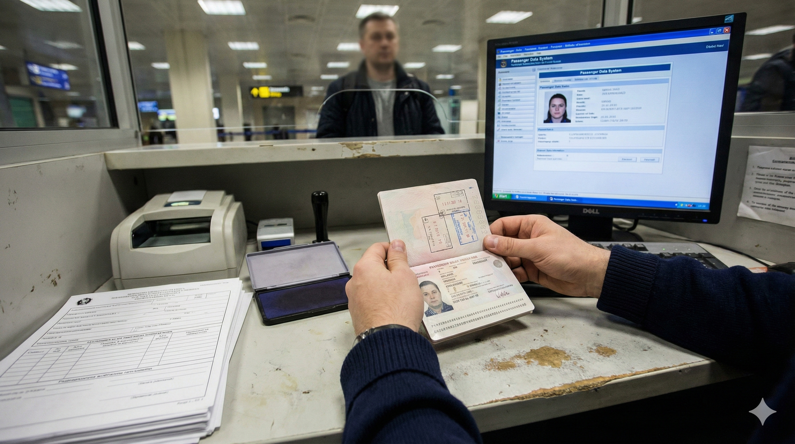 자신감 있게 입국 심사를 통과하는 여행자