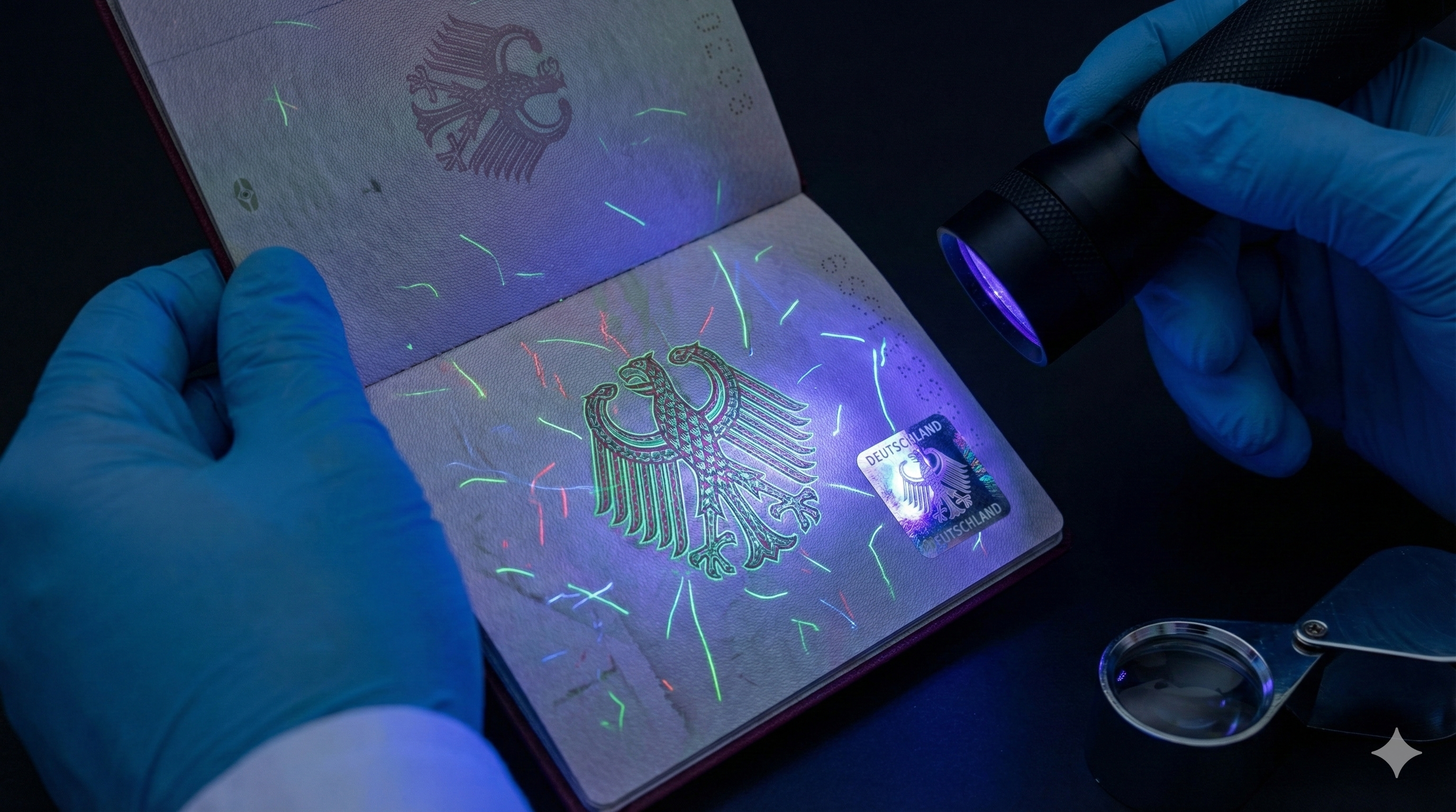 UV 조명 아래 여권 보안 요소 확인