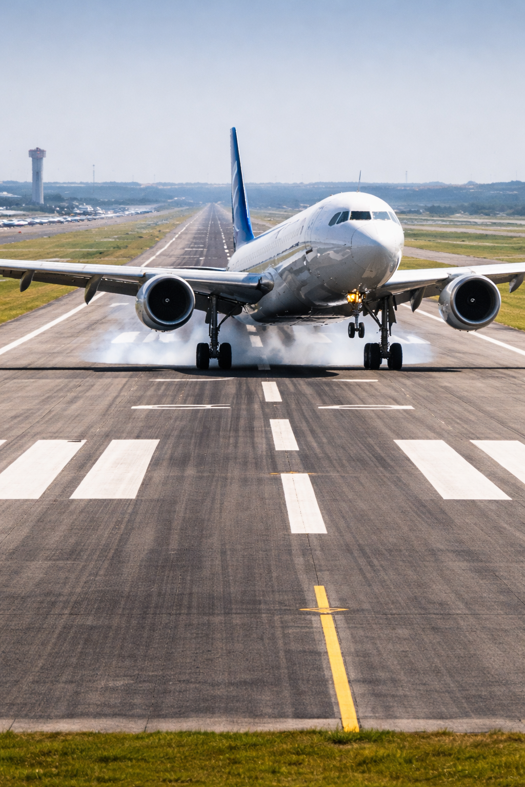 항공기 착륙 순간 활주로 그루빙