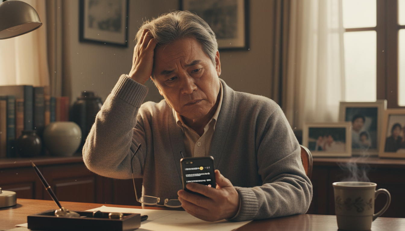 스마트폰을 보며 헷갈려하는 60대 남성 — AI 사용법 입문