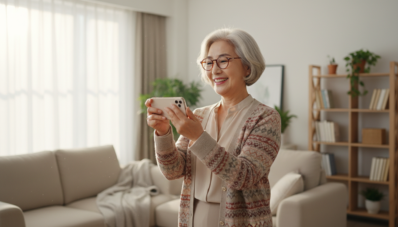 AI 사용에 성공하여 만족스럽게 웃는 60대 여성