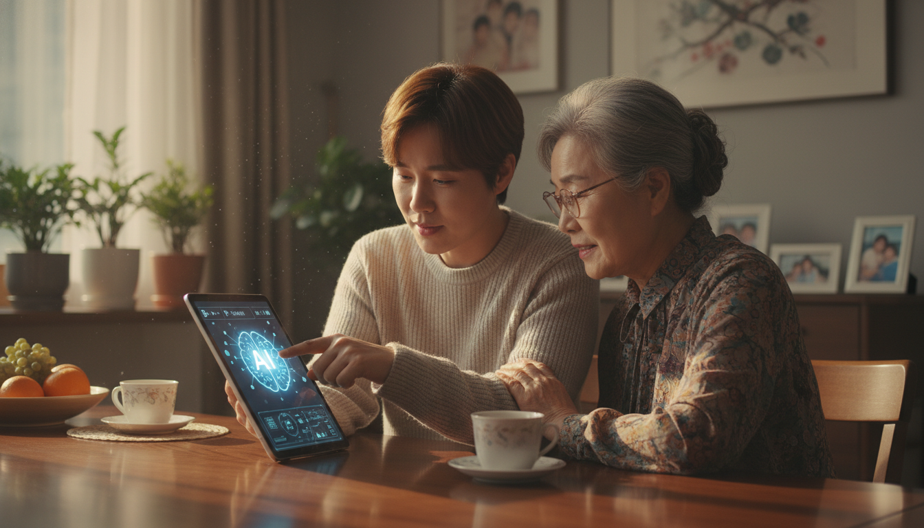 자녀가 어르신에게 AI 사용법을 가르쳐주는 모습