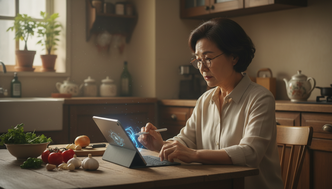 요리 레시피를 AI에게 물어보는 60대 여성
