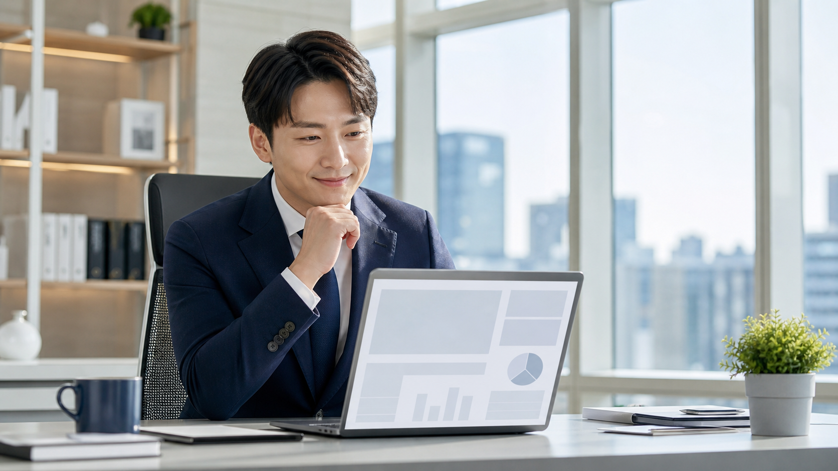 AI로 다듬은 보고서를 만족스럽게 검토하는 직장인의 모습