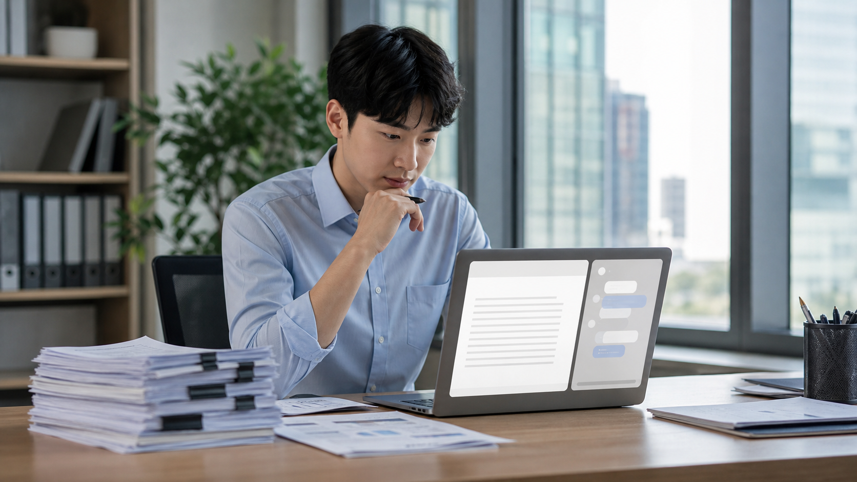 직장인이 노트북으로 긴 보고서를 AI로 요약하는 모습