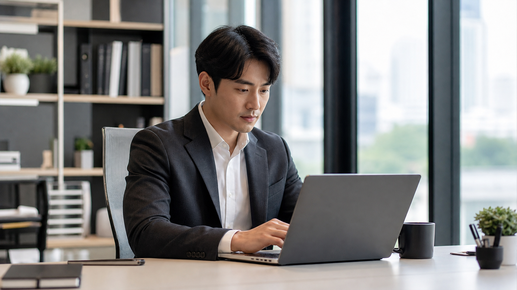직장인이 노트북으로 AI를 활용해 업무 이메일을 작성하는 모습