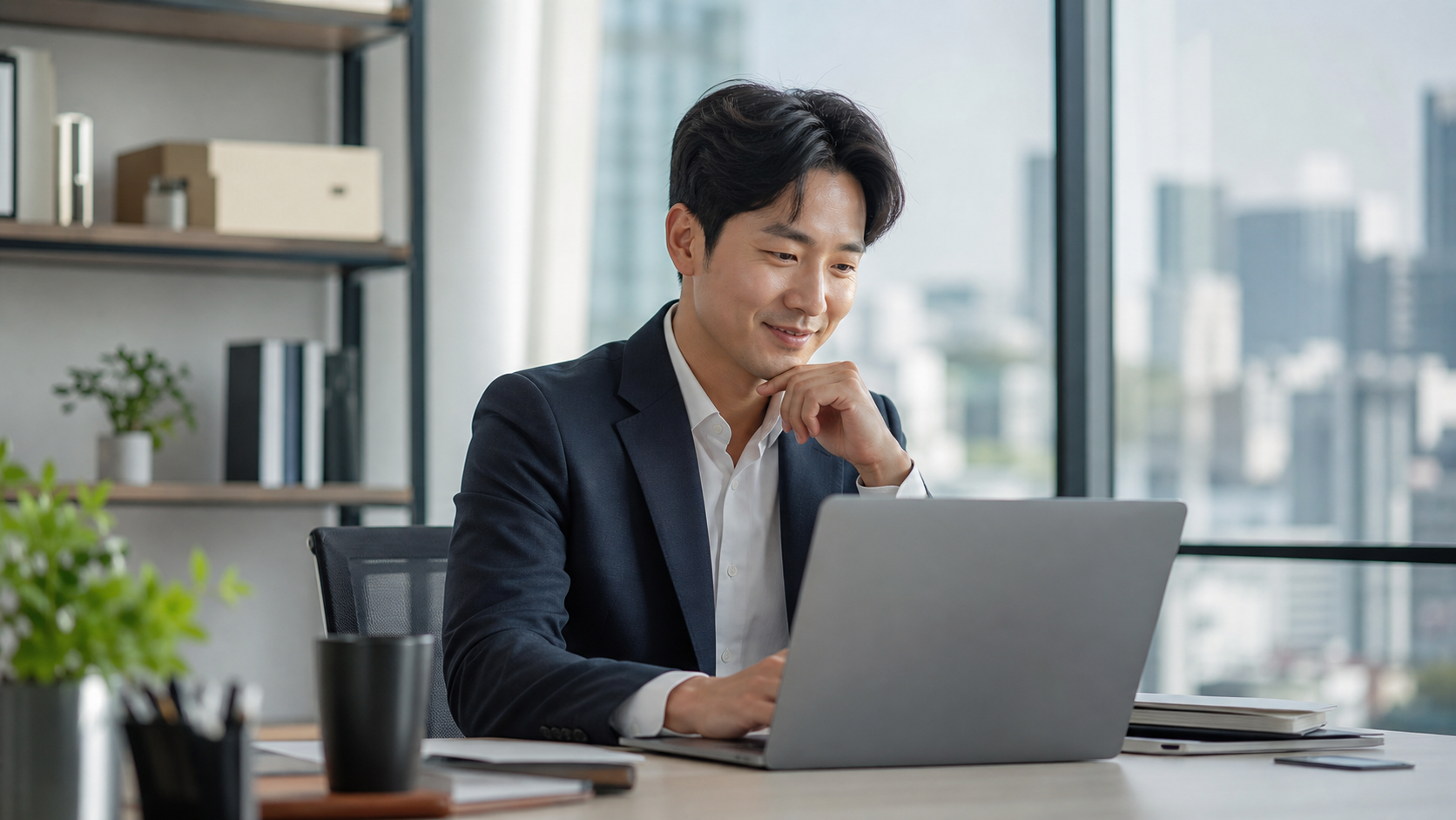 AI로 정리한 회의록을 만족스럽게 검토하는 직장인의 모습