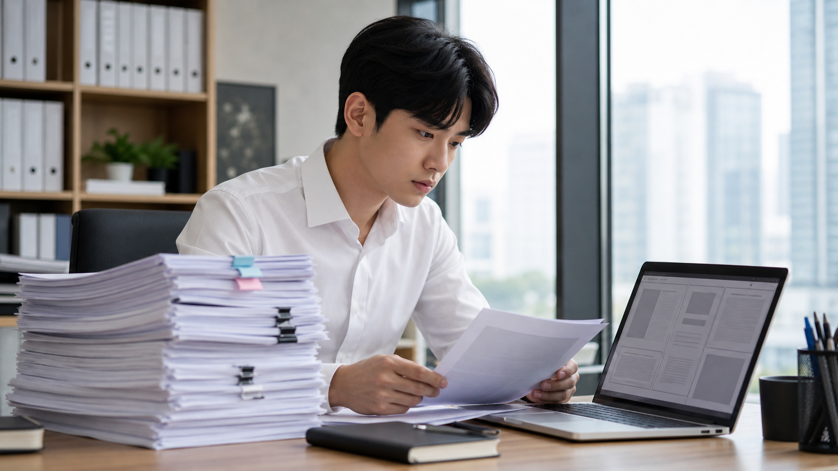 두꺼운 서류 더미 옆에서 노트북으로 문서를 요약하는 직장인