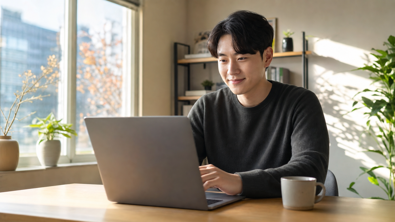 온라인 판매자가 노트북에서 AI로 문구 루틴을 마치고 여유 있게 앉아 있는 모습