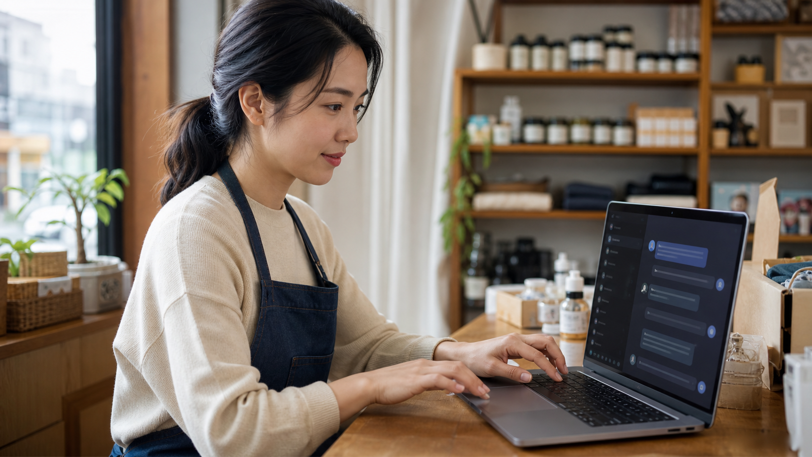 자영업자가 AI로 자주 묻는 질문(FAQ) 목록을 만드는 모습