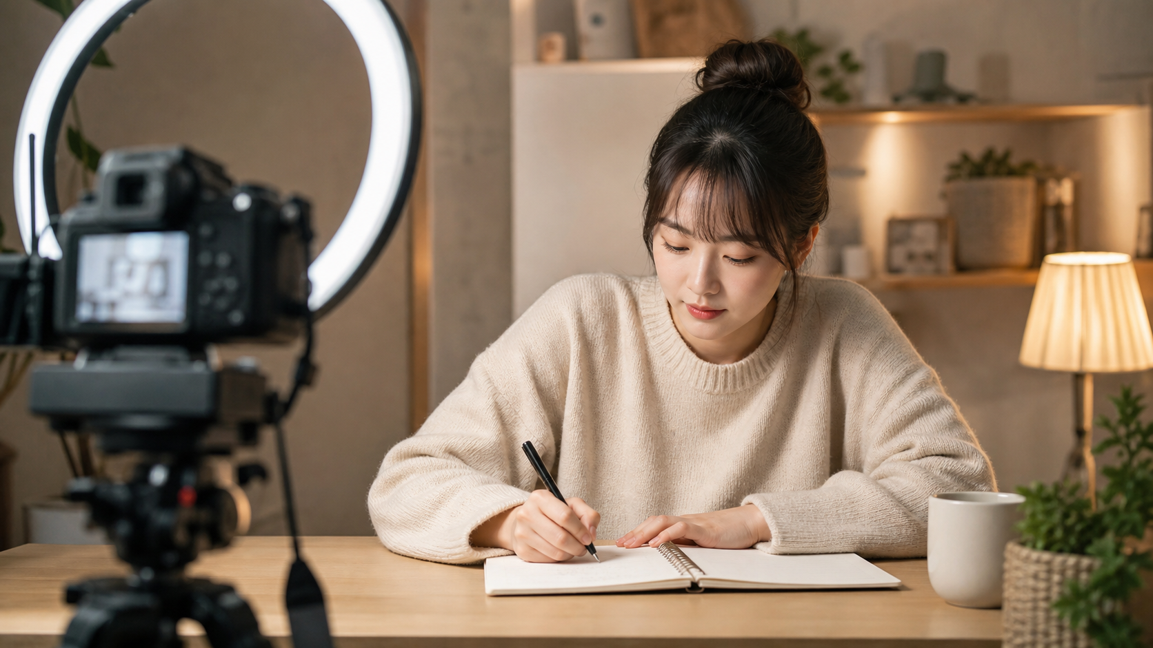 홈 스튜디오에서 영상 대본을 작성하는 유튜버