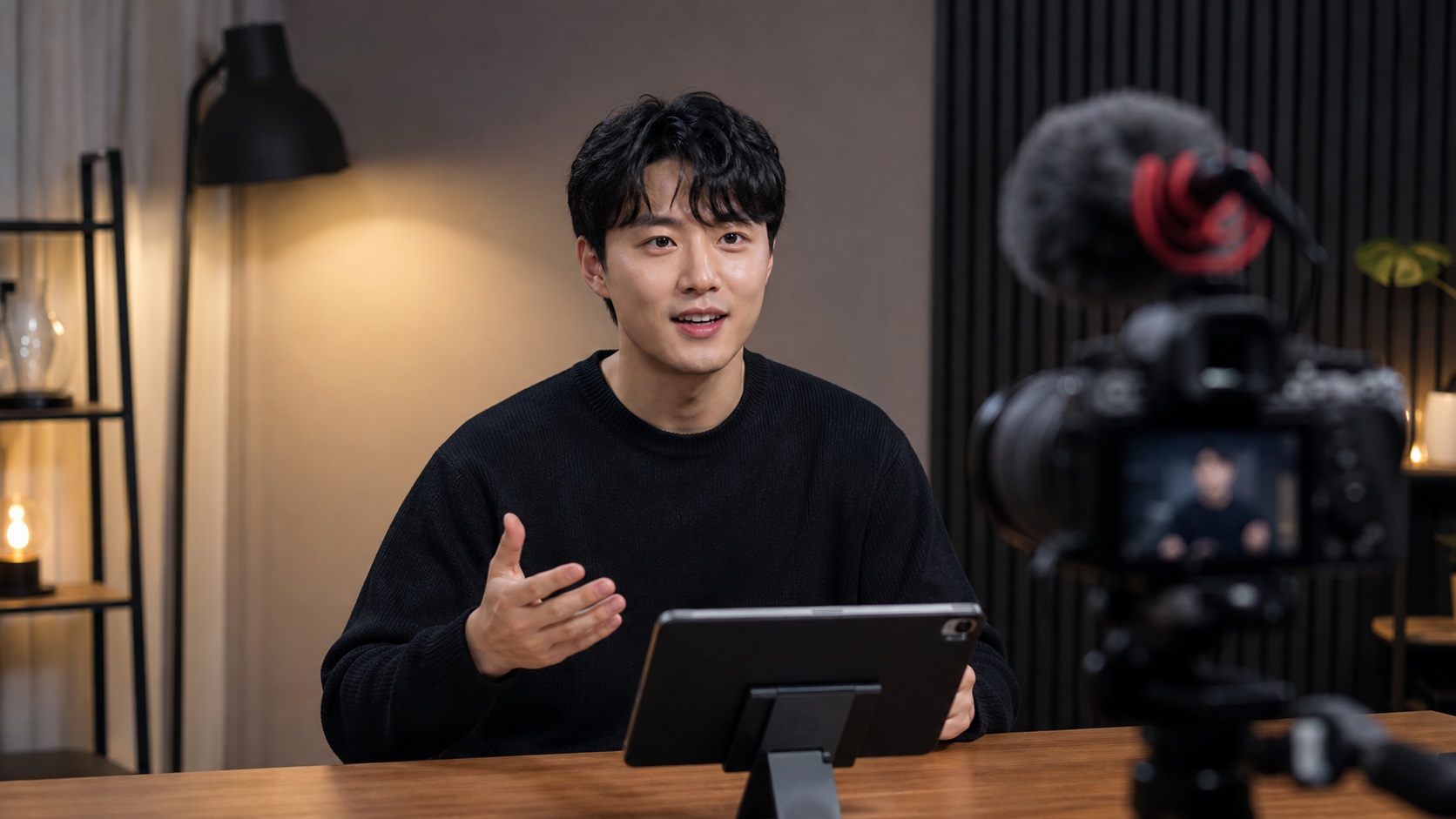 태블릿 프롬프터의 대본을 보며 자신 있게 촬영하는 유튜버