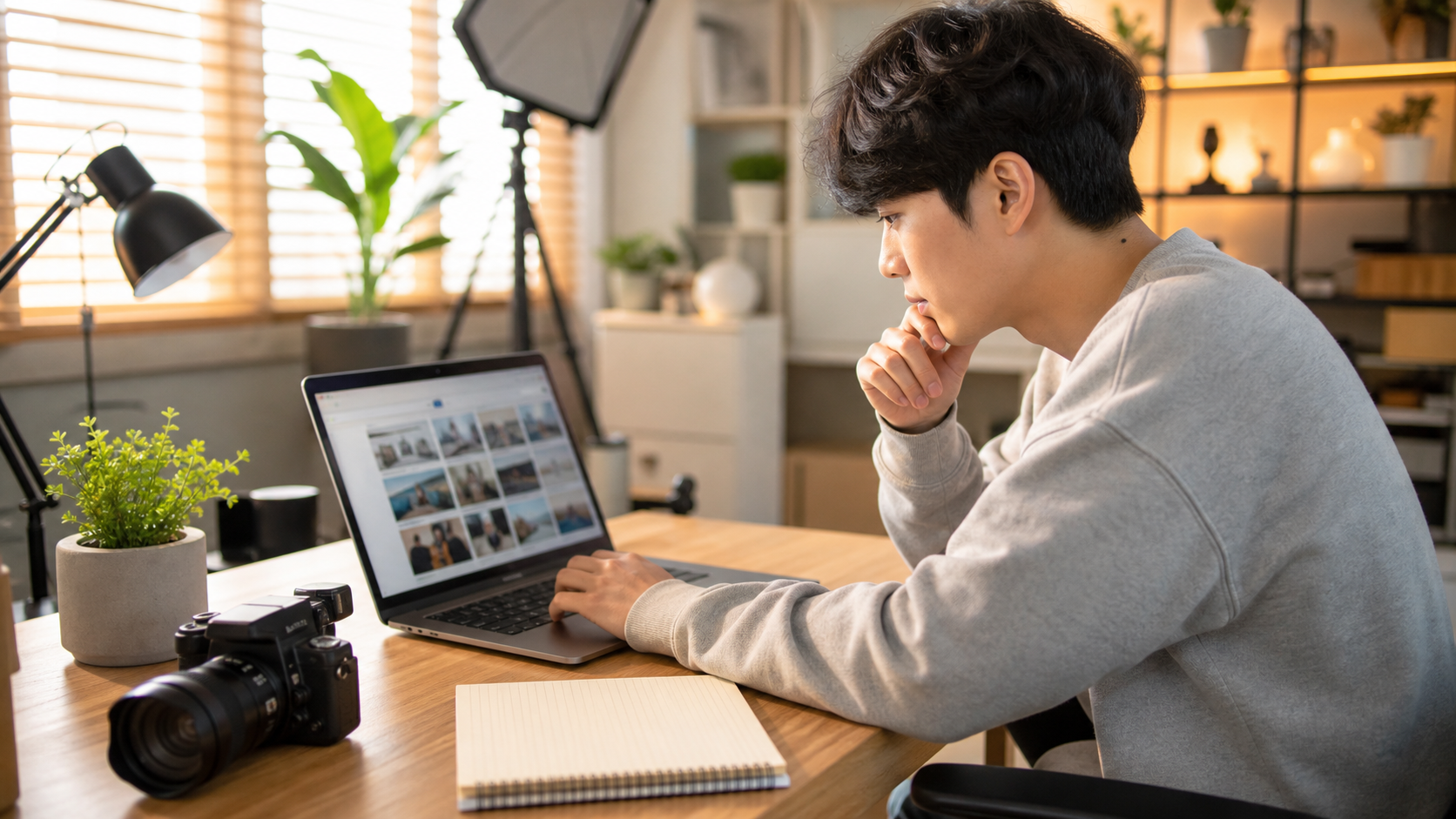 검색 결과 화면에서 클릭율 높은 유튜브 제목과 썸네일을 보고 있는 유튜버