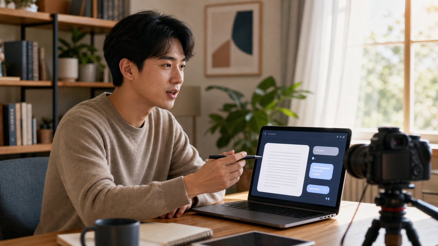 크리에이터가 자기 글 샘플로 AI에게 문체를 학습시키는 모습