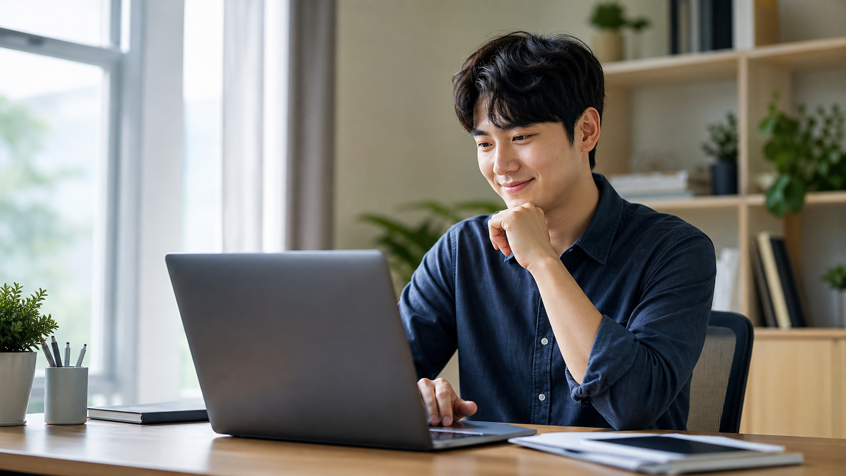 AI로 복제한 문체 글을 만족스럽게 검토하는 크리에이터의 모습