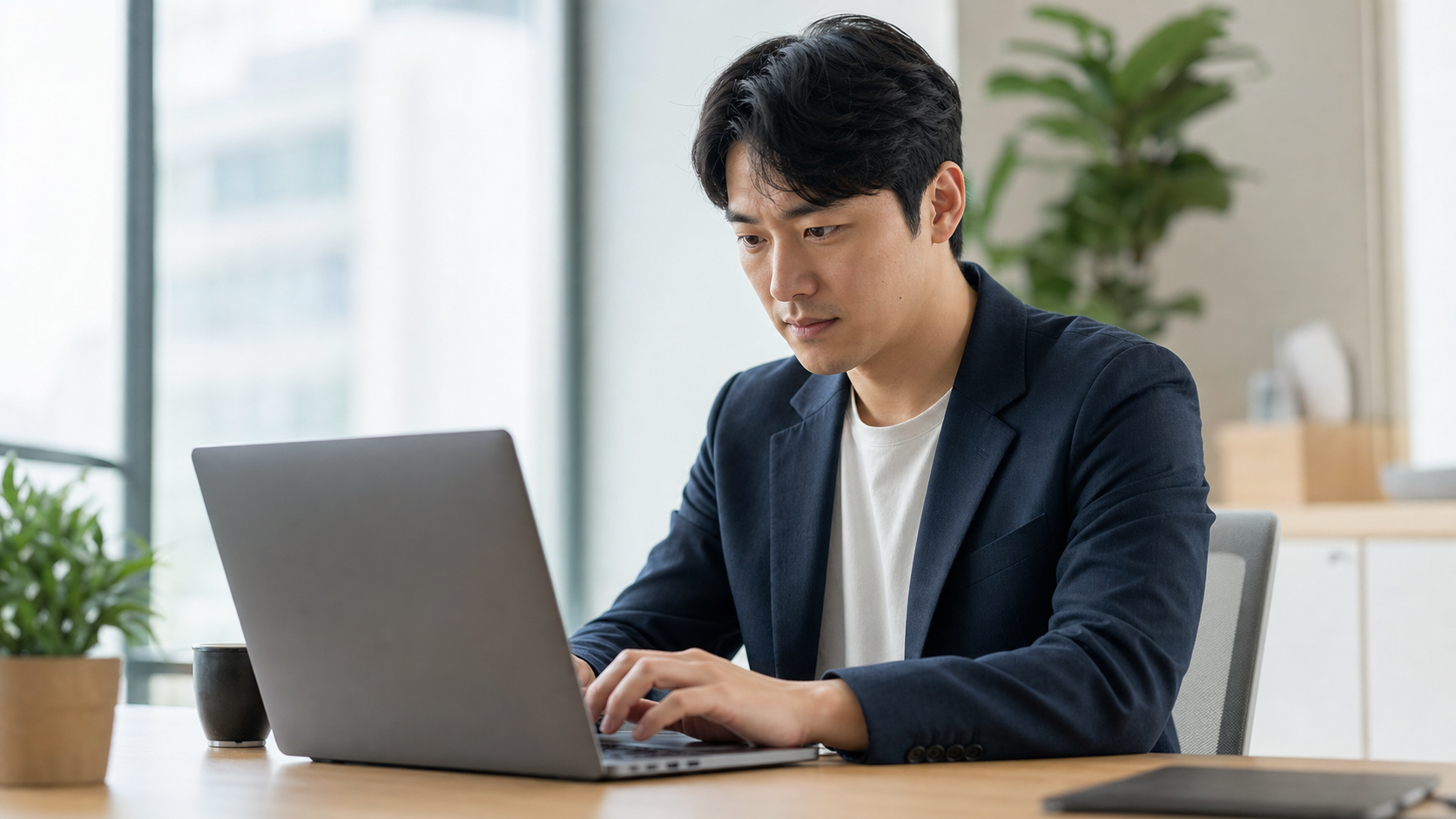 노트북 앞에서 AI 프롬프트를 꼼꼼히 작성하는 직장인