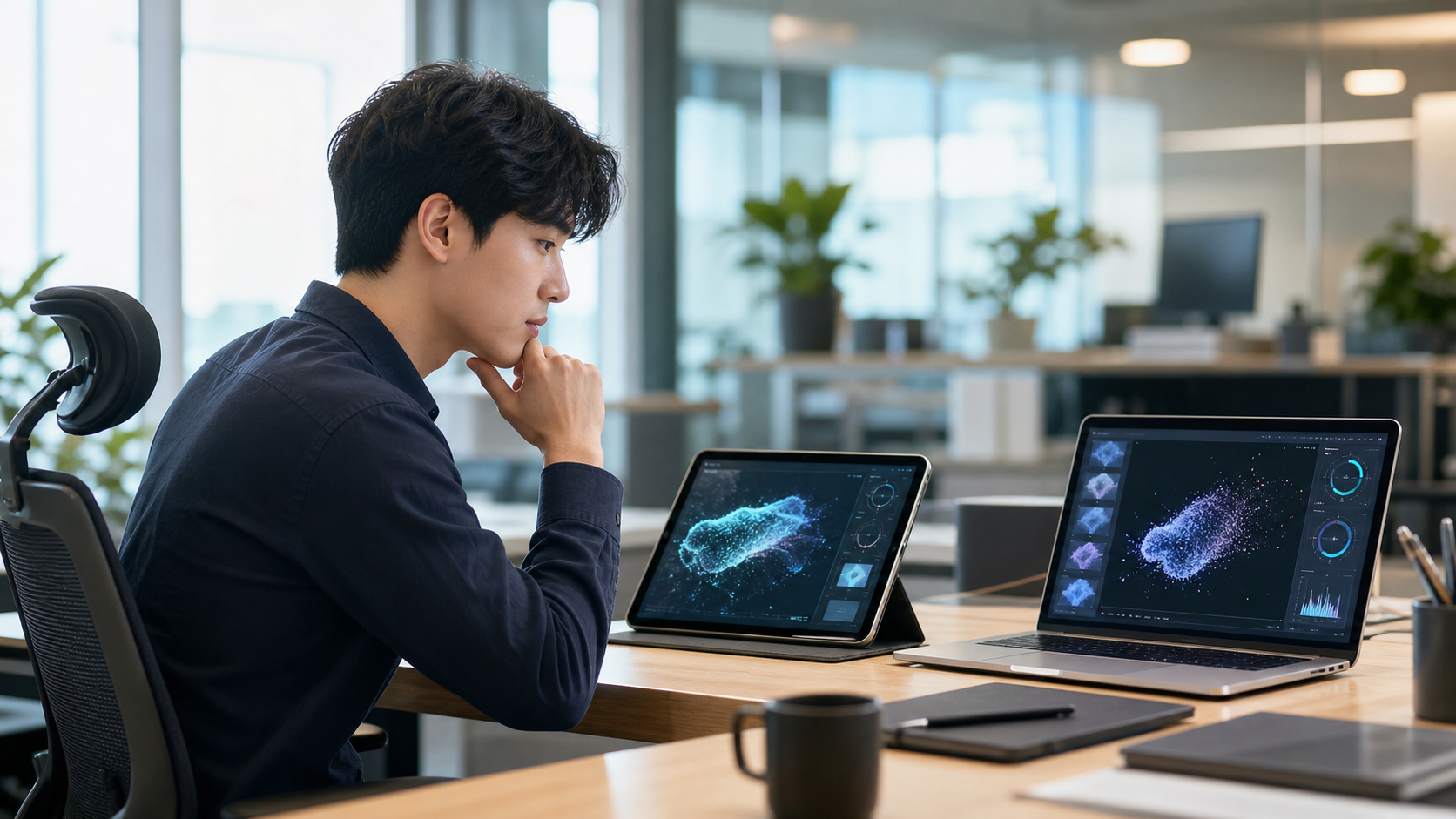 태블릿과 노트북을 나란히 놓고 두 AI 결과물을 비교하는 직장인