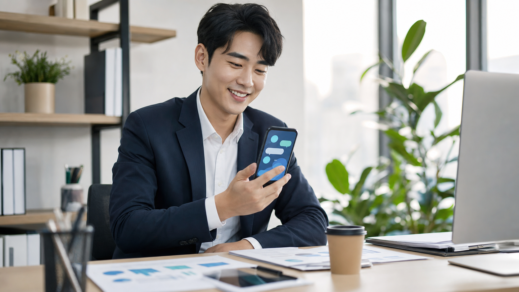스마트폰으로 ChatGPT를 사용하며 업무 효율을 높이는 직장인의 실사 장면