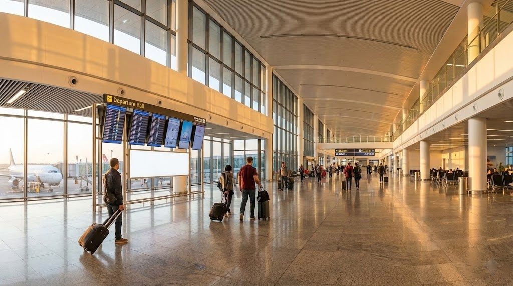 공항 출국장 전경 - 여행객들이 체크인 카운터로 향하는 모습