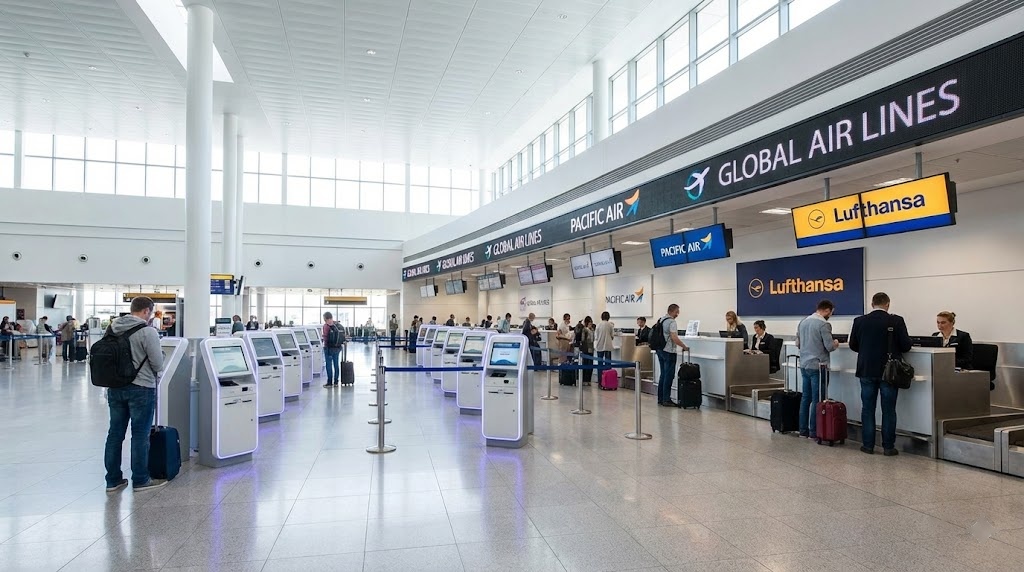 공항 체크인 카운터 전경 - 항공사별 카운터가 줄지어 있는 모습