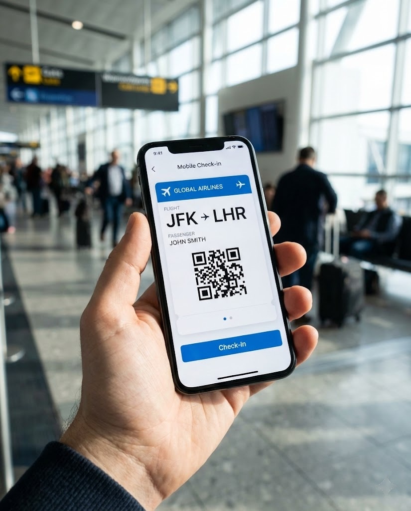 모바일 체크인 화면 - 스마트폰으로 탑승권을 확인하는 모습