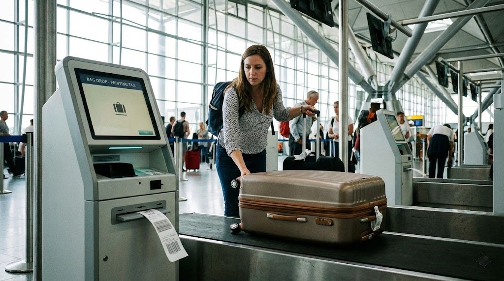 공항 수하물 위탁 - 컨베이어 벨트에 짐을 올리는 모습