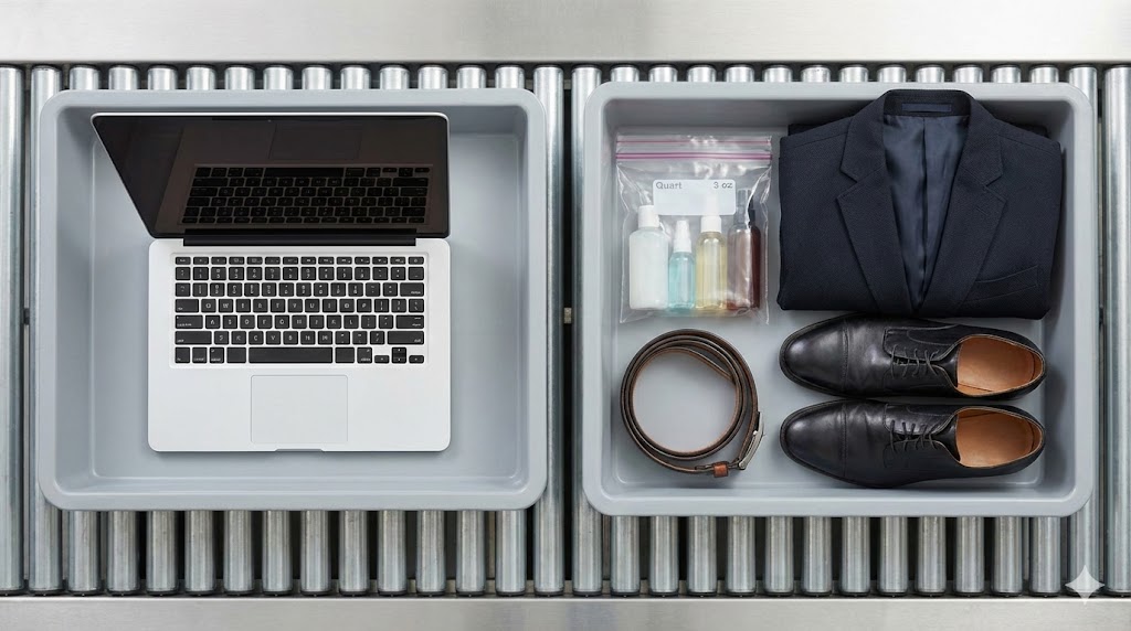 보안검색대 트레이 - 노트북과 소지품을 정리하는 모습