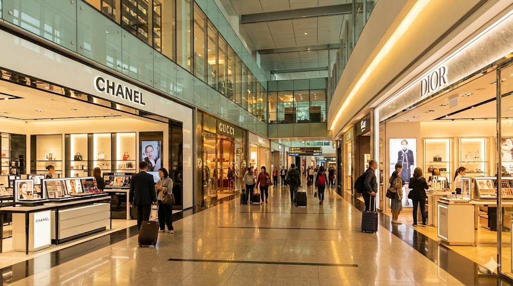 공항 면세구역 - 브랜드 매장들이 줄지어 있는 쇼핑 거리
