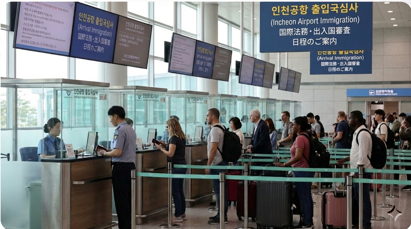 입국심사 카운터 - 여권 심사를 받는 여행객들