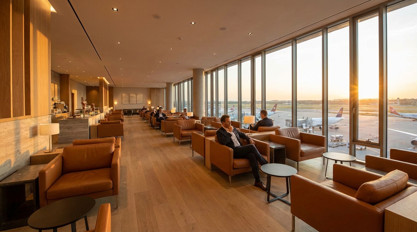 공항 라운지 - 편안한 좌석과 넓은 창문이 있는 프리미엄 라운지 전경