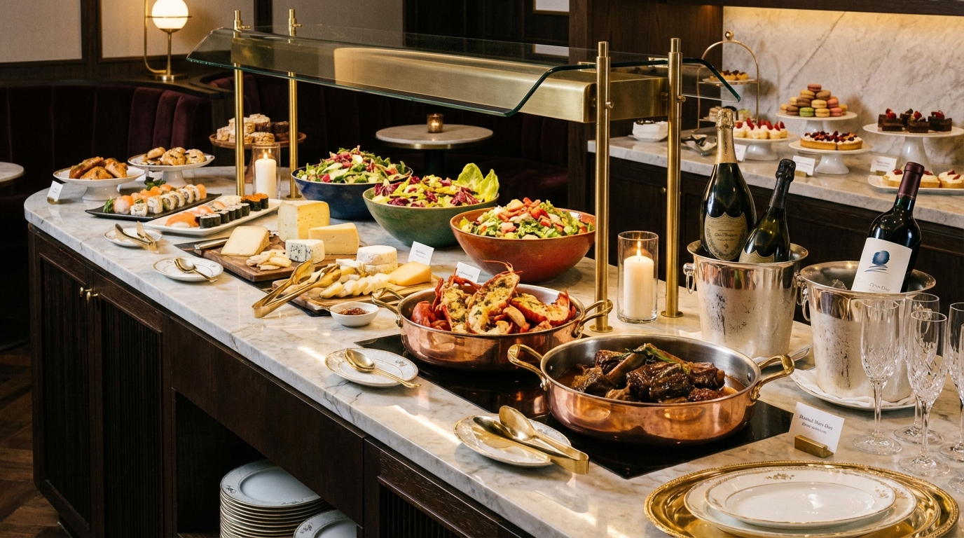 라운지 뷔페 음식 - 다양한 요리와 음료가 준비된 뷔페