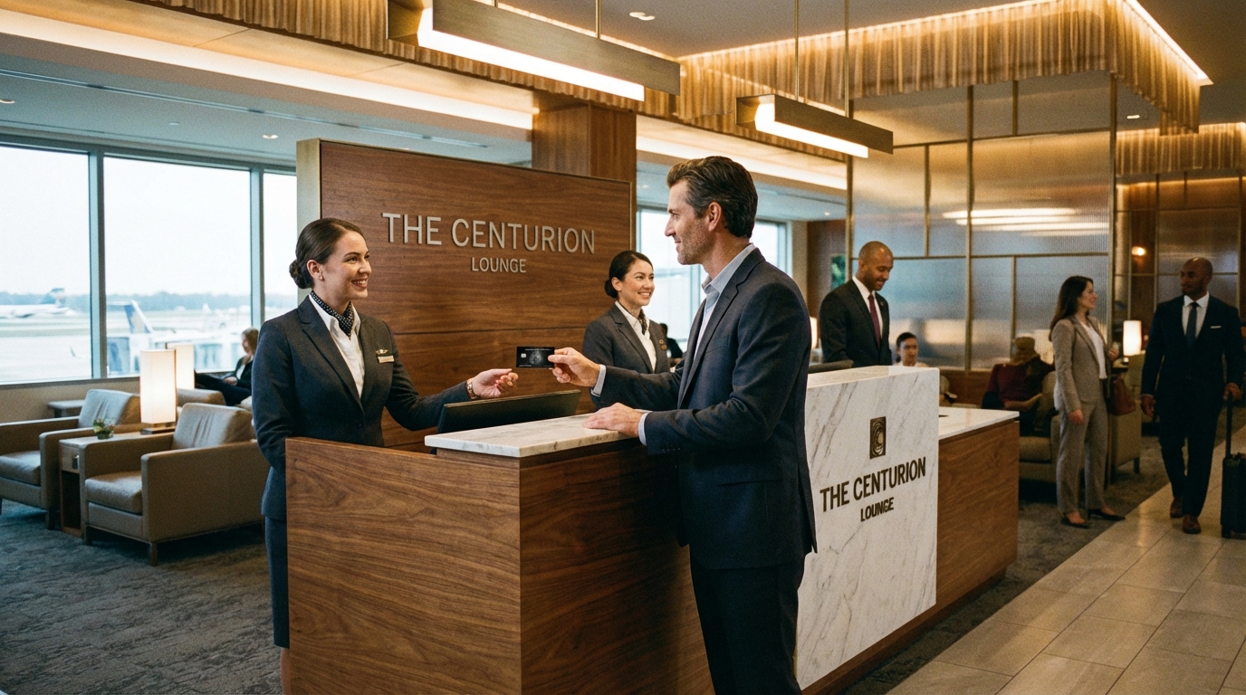 신용카드로 라운지 입장하는 모습 - 카드 제시하고 입장하는 여행객