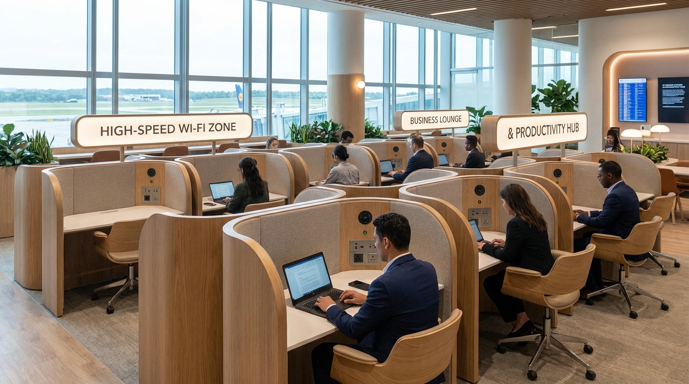 퍼스트클래스 라운지 인테리어 - 고급스러운 좌석과 세련된 인테리어