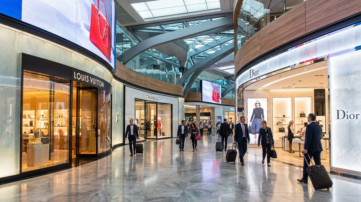 면세점 쇼핑 구역 전경 - 럭셔리 브랜드 매장들이 줄지어 있는 면세 구역