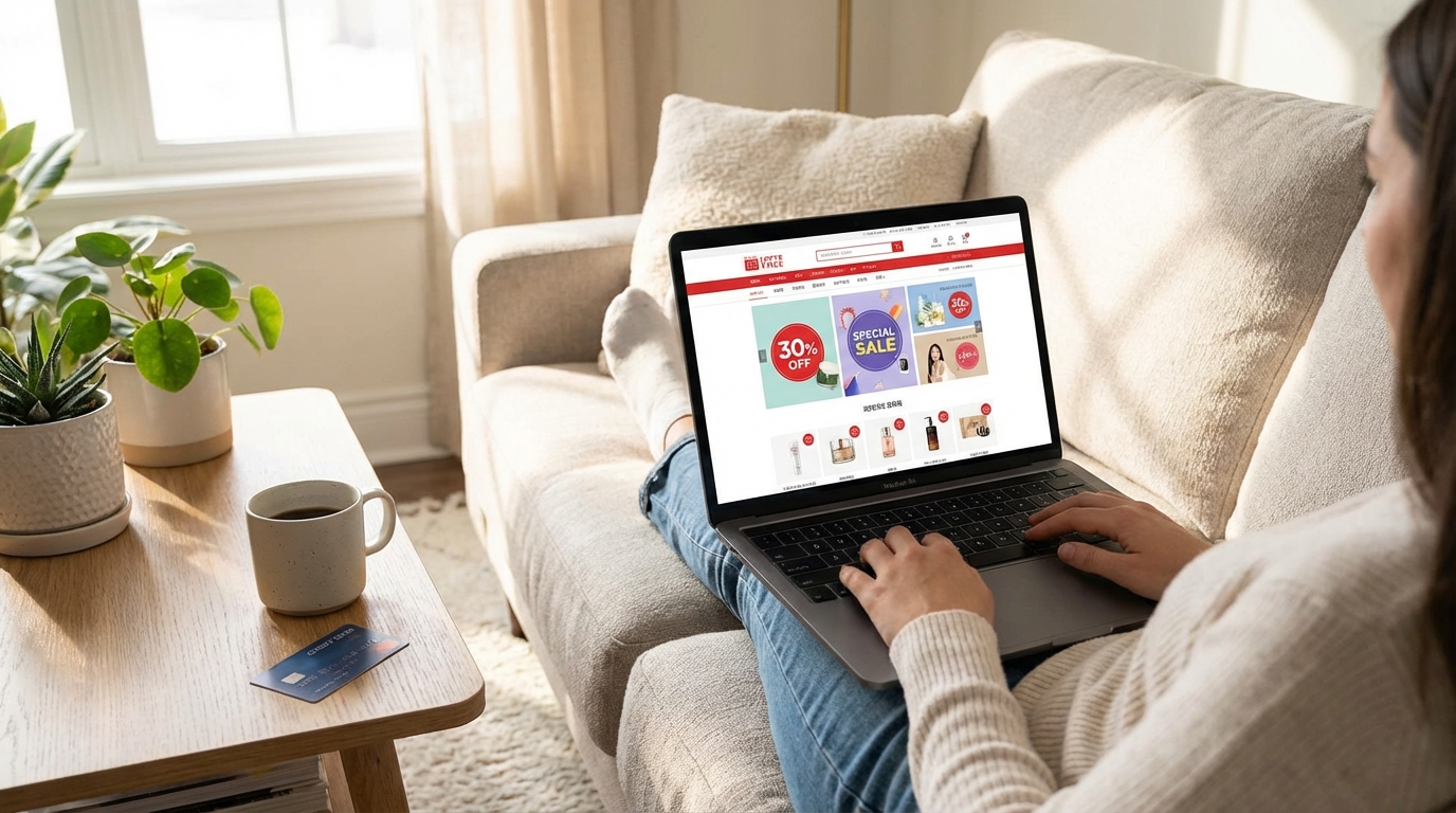 온라인 면세점 쇼핑 - 스마트폰과 노트북으로 면세품을 비교하는 모습