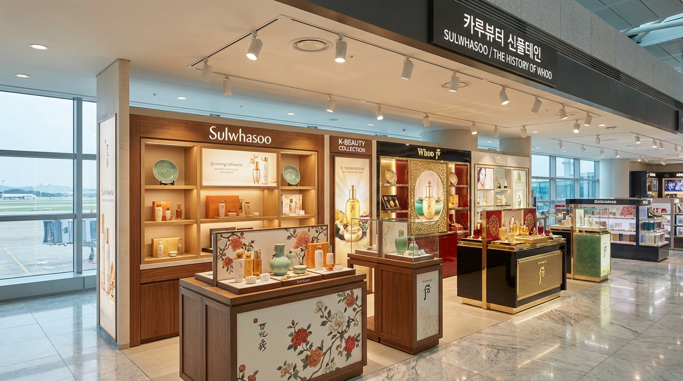 K-뷰티 면세점 진열대 - 설화수, 후 등 한국 럭셔리 스킨케어 제품들