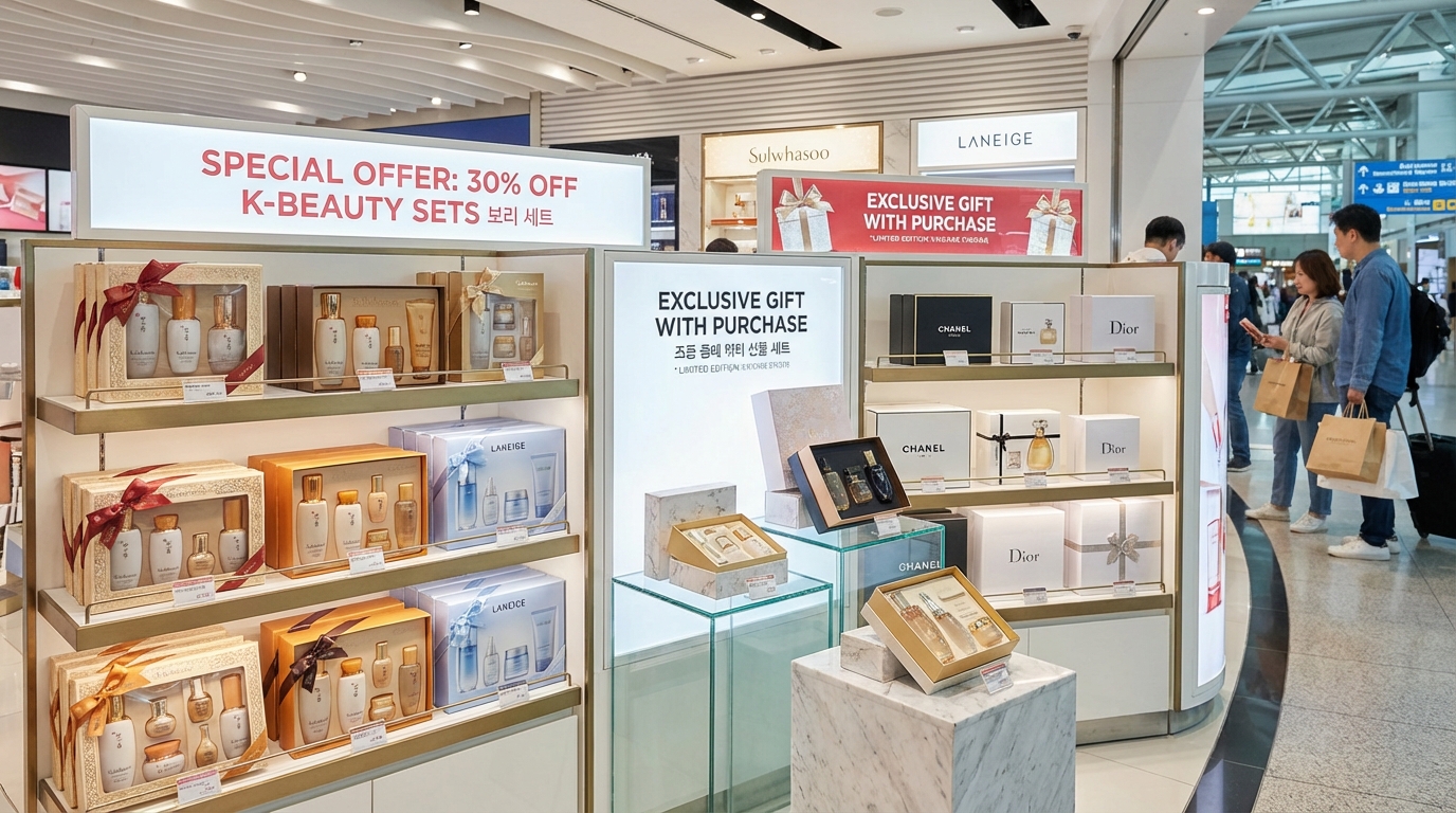 면세점 세트 상품 - 화장품 기프트 세트와 한정판 패키지 진열대
