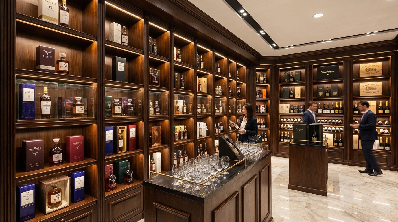 주류 면세점 섹션 - 위스키, 와인, 샴페인이 진열된 면세점 주류 코너