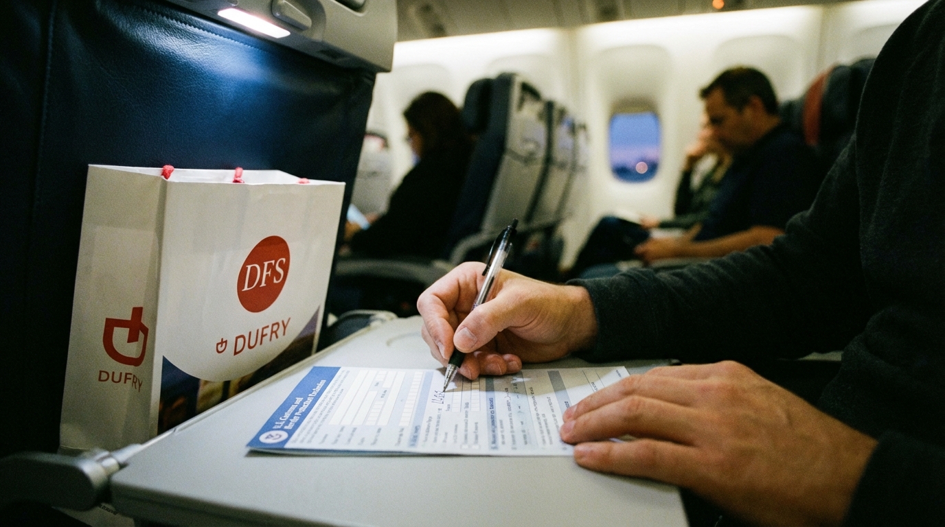 세관 신고서 작성 - 입국 시 세관 신고서를 작성하는 모습