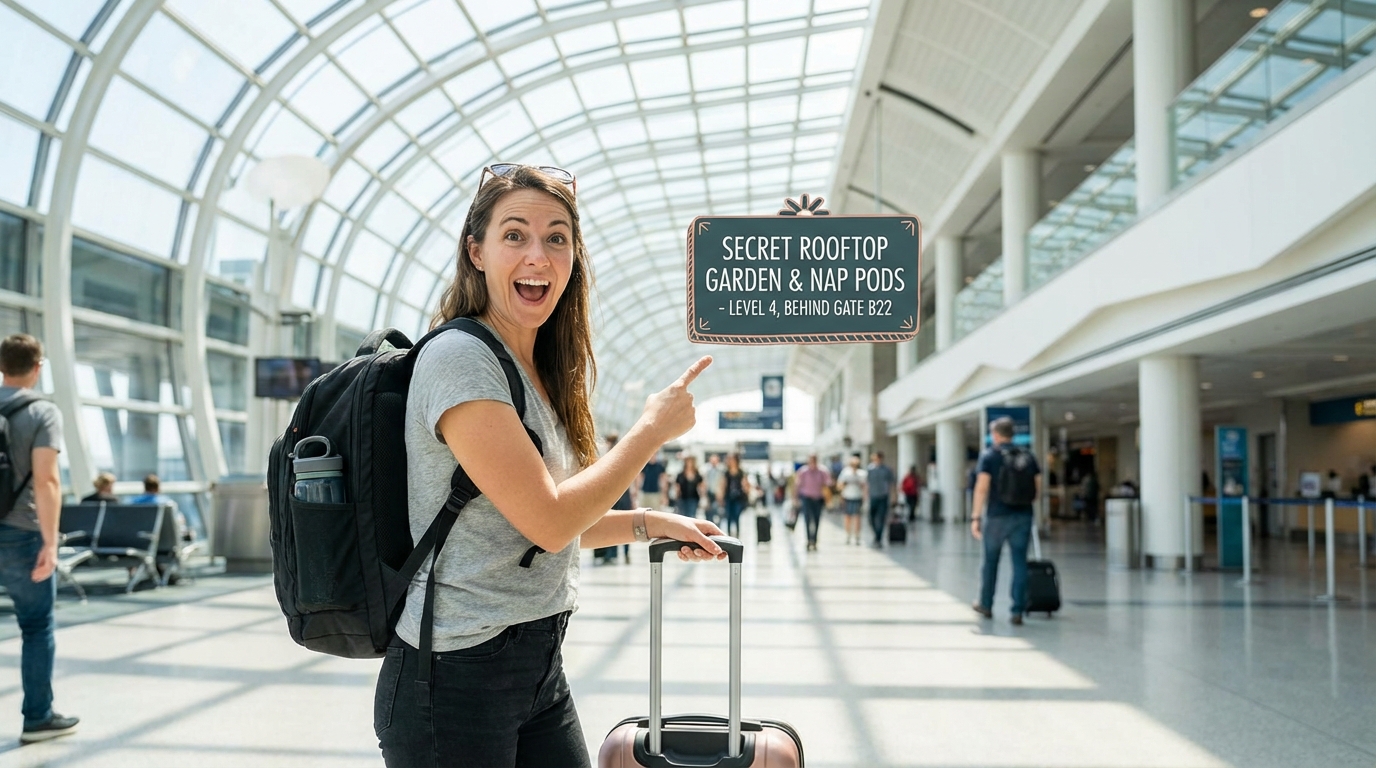공항 터미널 전경 - 여행객들이 무료 서비스를 이용하는 모습