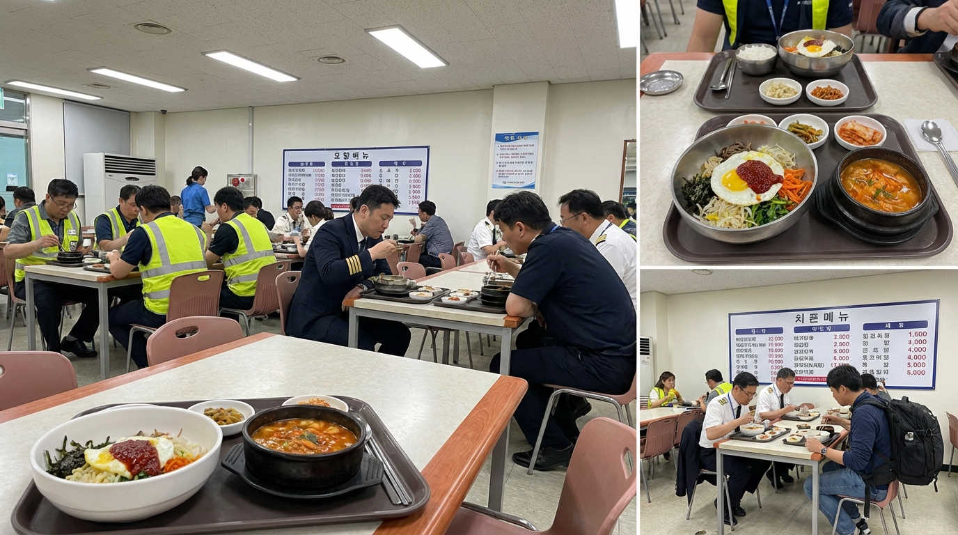 공항 직원 식당 내부 - 저렴한 한식 메뉴가 있는 구내식당