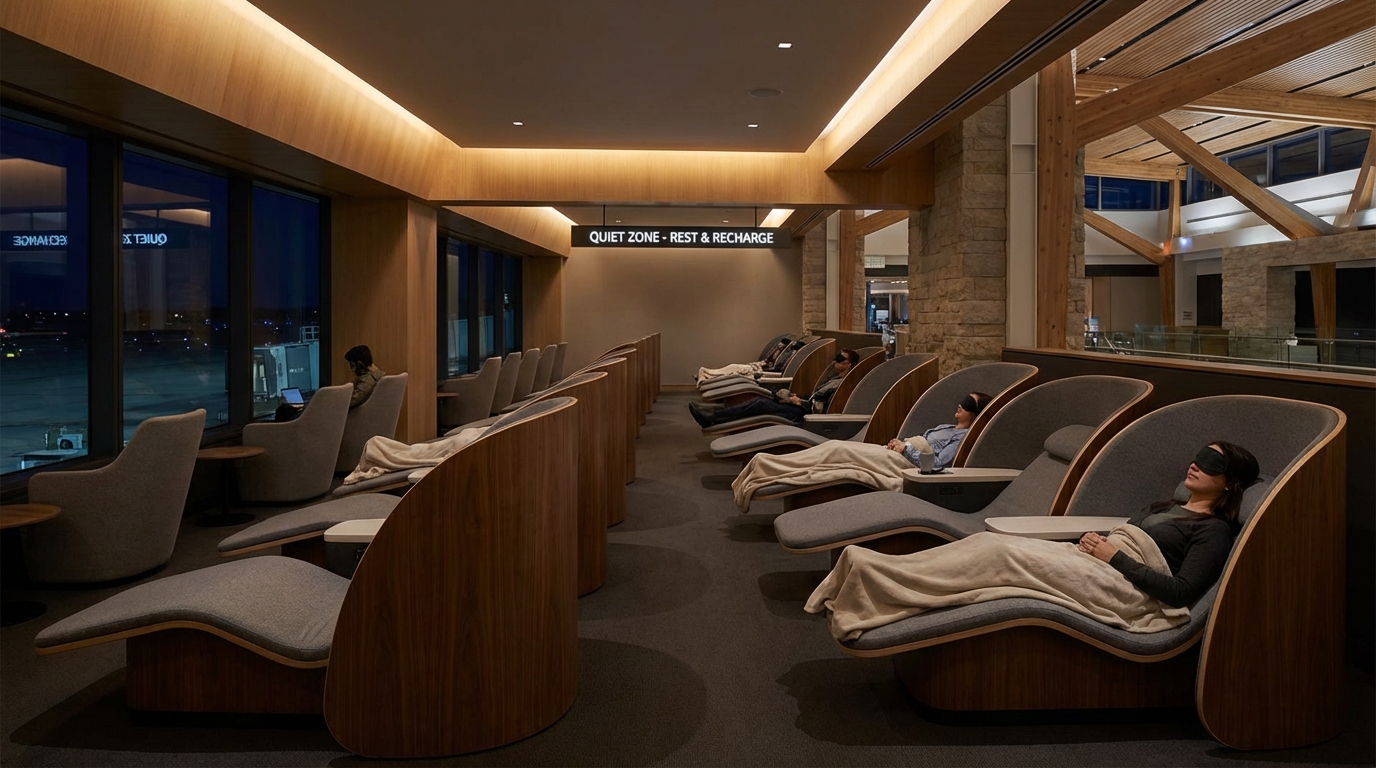 공항 무료 수면 의자 - 리클라이너에서 휴식을 취하는 여행객