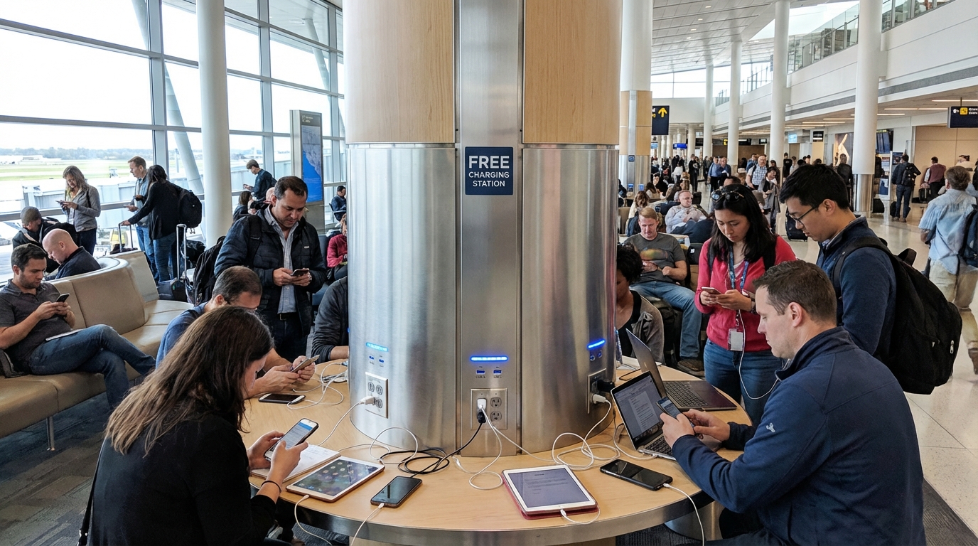 공항 무료 충전 스테이션 - 여행객들이 기기를 충전하는 모습