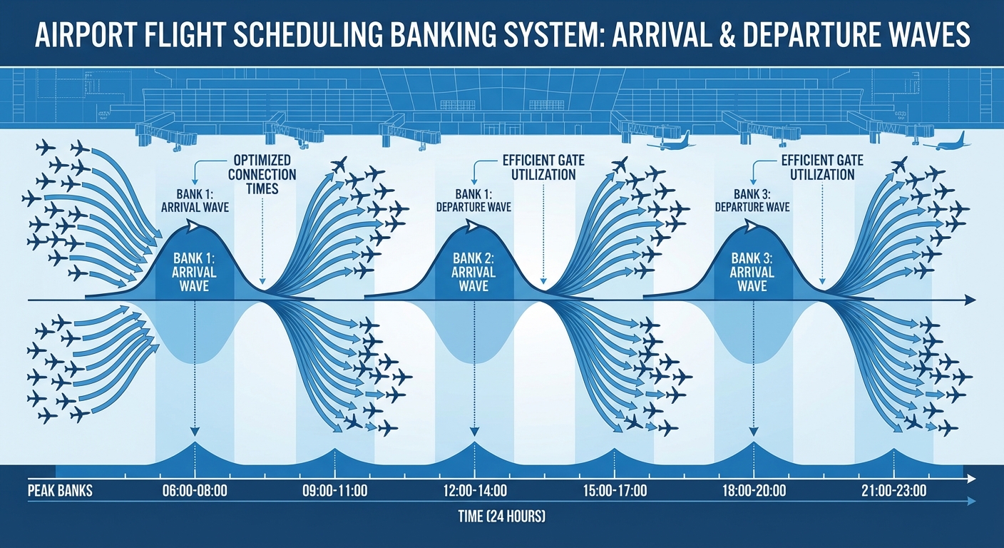 뱅킹 시스템 다이어그램 - 도착과 출발 피크 패턴