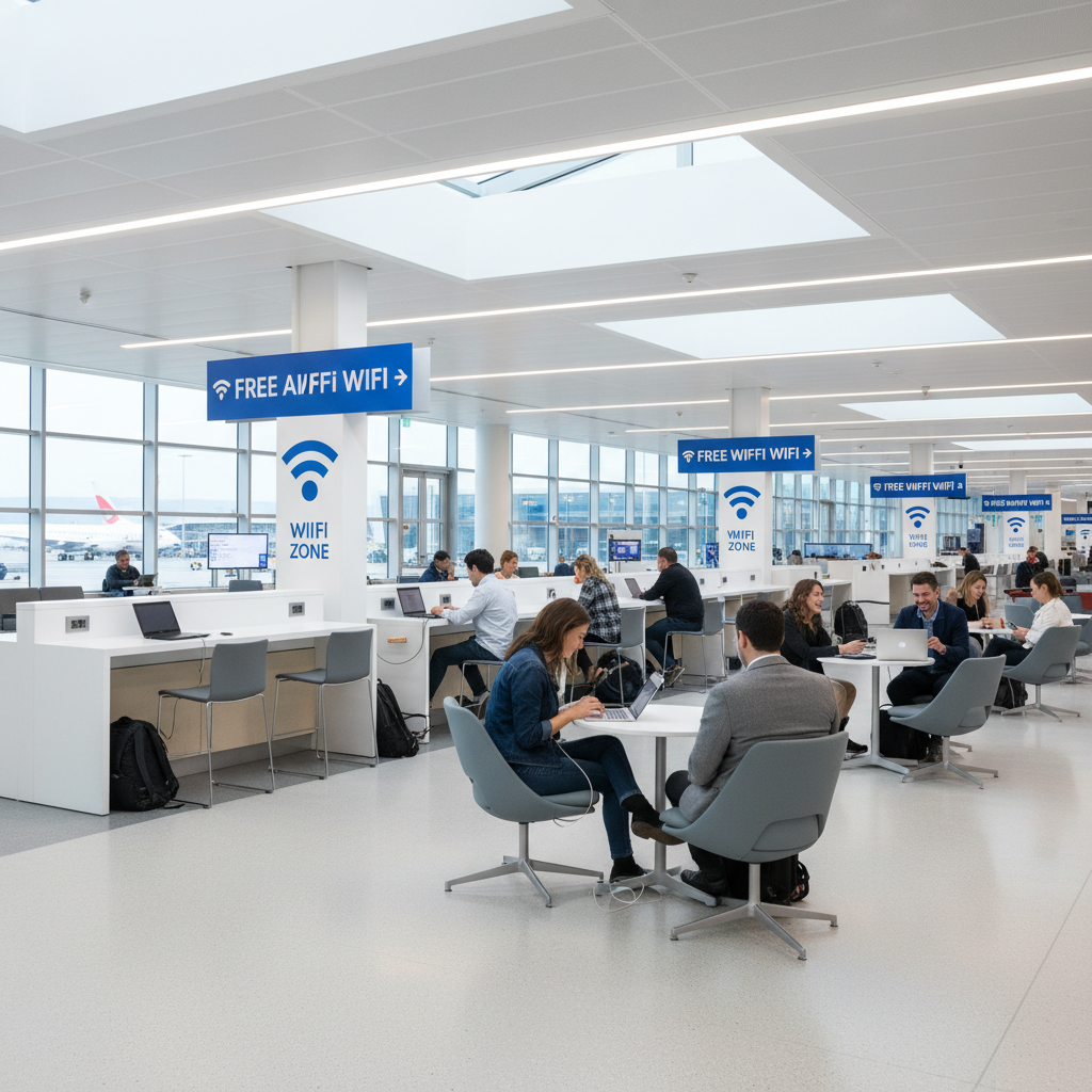 공항 무료 Wi-Fi 구역 - 충전하며 인터넷 사용하는 여행객들