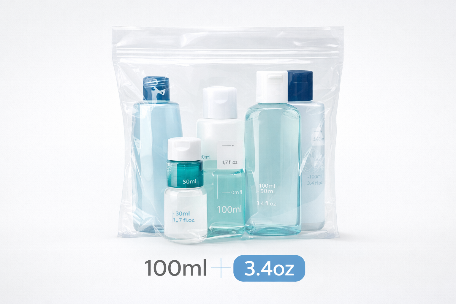 100ml 액체 규정 - 투명 파우치에 담긴 여행용 소용량 용기들