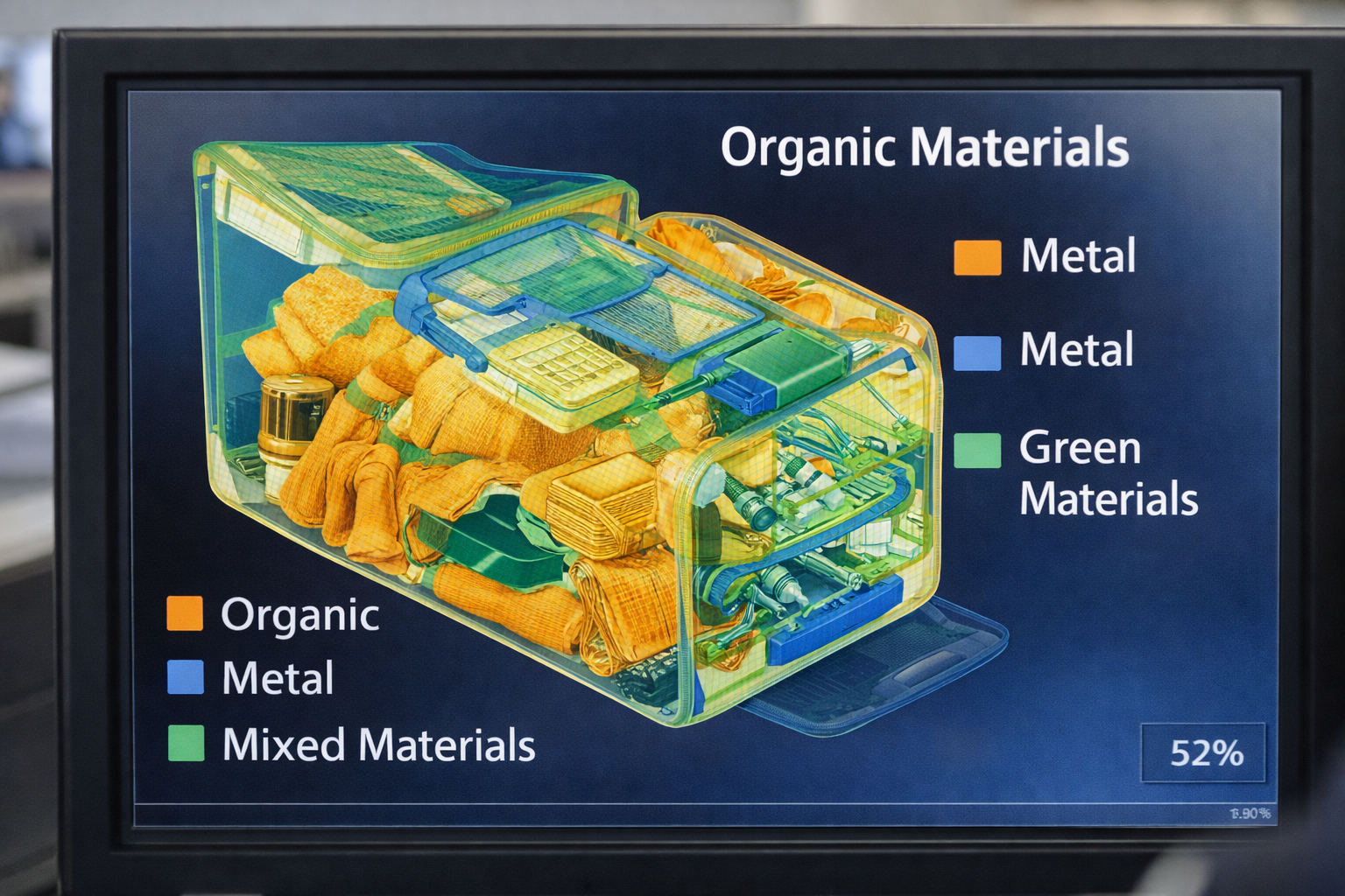 공항 X레이 스캐너 모니터 - 주황색(유기물), 파란색(금속), 녹색(혼합물) 색상 코드