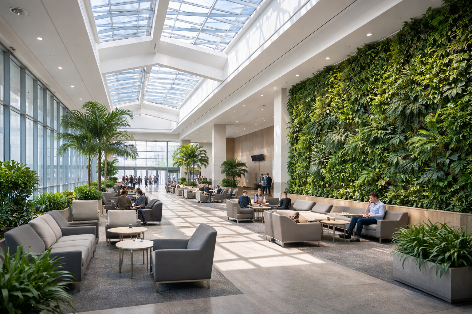 태양광 패널과 소형 풍력터빈이 함께 있는 공항 옥상