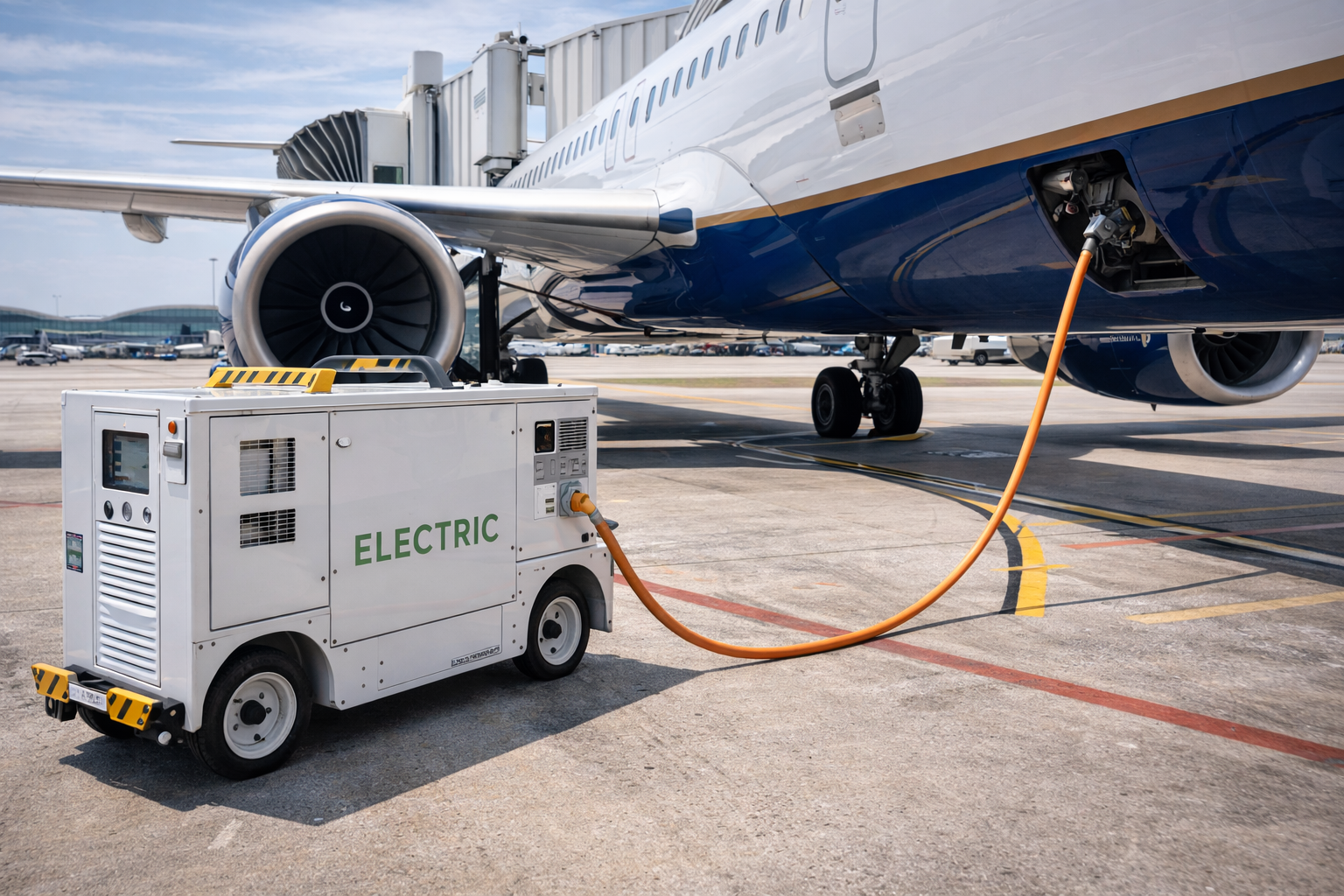 전기 푸시백 트럭이 항공기를 견인하는 모습